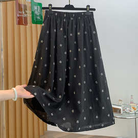 实拍夏季新款宽松大码女装有里布棉麻波点薄款显瘦小个子半身裙子