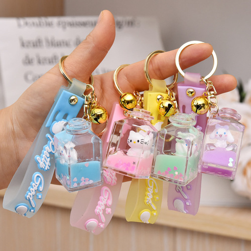 Acrylic perfume bottle cinnamon dog floating pudding dog key chain pendant quicksand oil liquid creative key chain