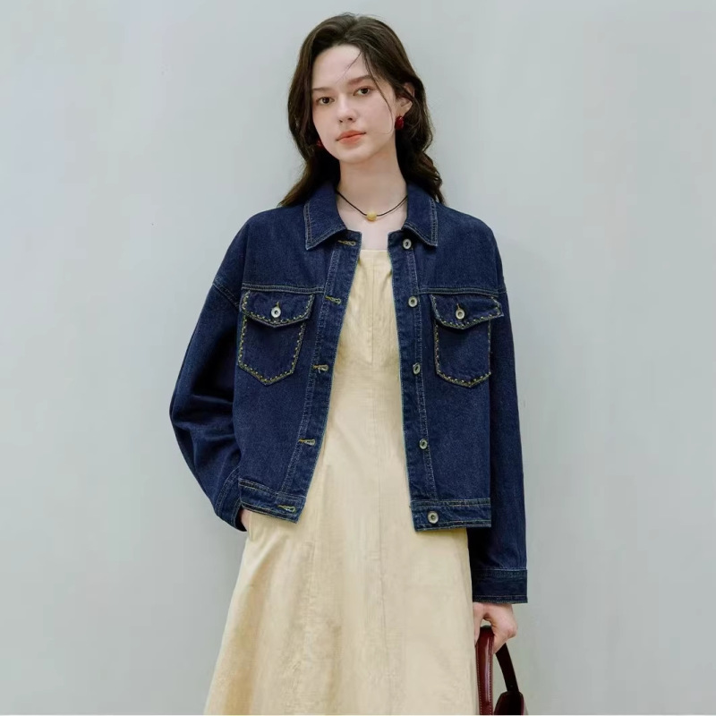 Vintage Deep Denim Blue Lapel Jacket for Women, Early Spring 2026 New French Style Pure Cotton White Jacket Top