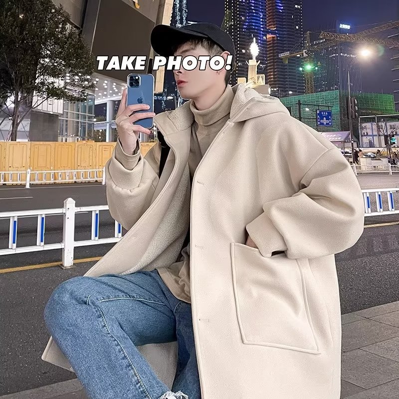 Lambswool 코트 남성용 가을과 겨울 기모 두꺼운면 패딩 코트 남성용 중장 모직 코트 트렌디 한 겨울 남성면 패딩 코트