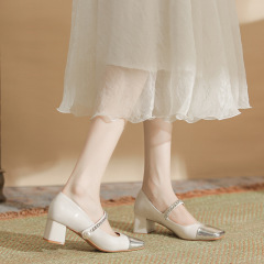 H978-51新款拼色方頭瑪麗珍鞋女一字帶粗跟學院甜美女鞋羊皮鞋墊