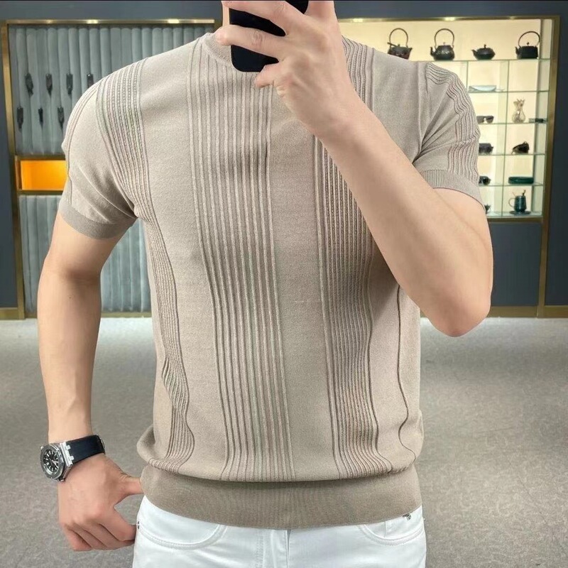 Hot-Selling Summer New Thin Striped Knit Cool Round-Neck Solid Color Versatile Simple Style Short-Sleeve T-Shirt Top Trendy