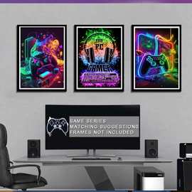 三联酷炫游戏复古视频游戏水彩海报图片彩色霓虹游戏手柄帆布画