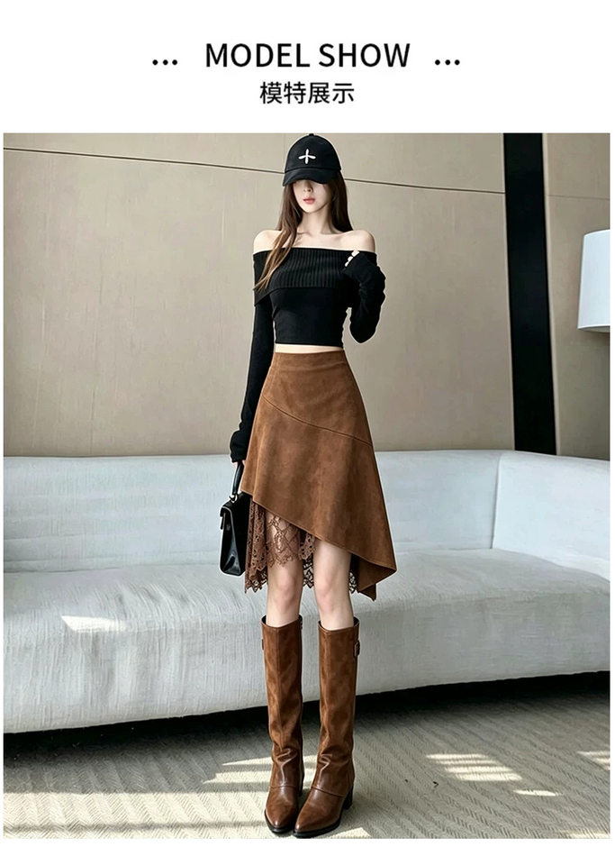 Chân váy nữ dáng chữ A eo cao lưng cao phong cách thanh lịch, chất liệu da hươu mềm mịn, thiết kế bất đối xứng, dáng trung dài — Màu cà phê đậm, màu kaki, đen chi tiết 15