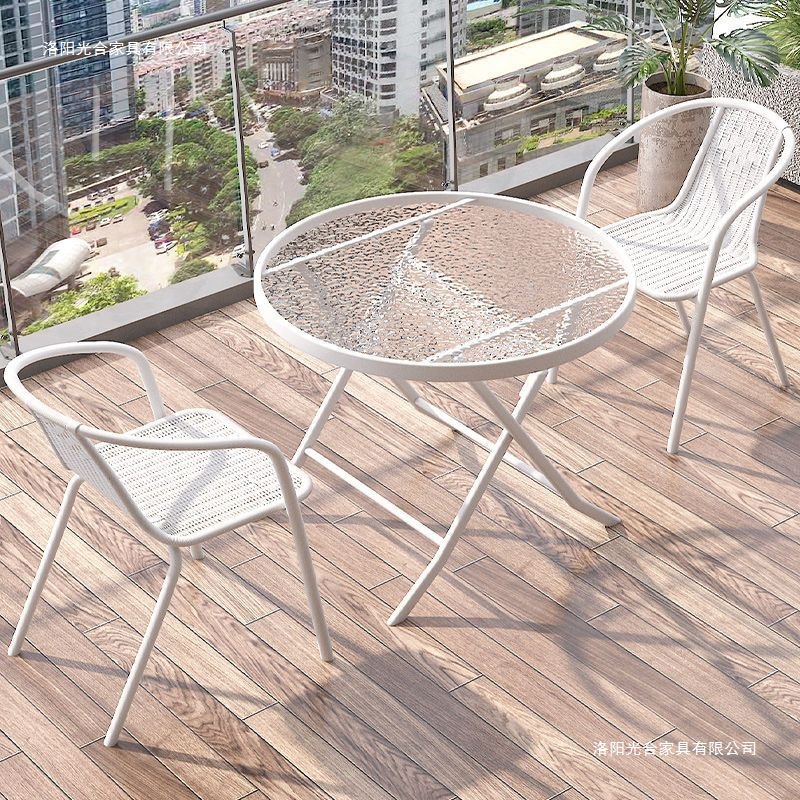 Mesa y silla de balcón de tres piezas, mesas de té casuales, combinación de vidrio blanco plegable, una mesa y dos sillas, mesas de té pequeñas