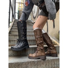 牛皮版绑带中高筒骑士靴女长靴棕色靴子真皮显瘦马丁靴复古机车靴