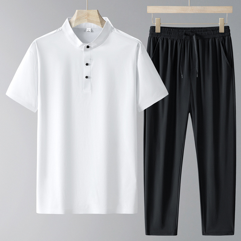 Traje de verano para papá 2025 nueva camiseta de manga corta con cuello alto para hombre de seda de hielo pantalones casuales delgados de secado rápido de verano