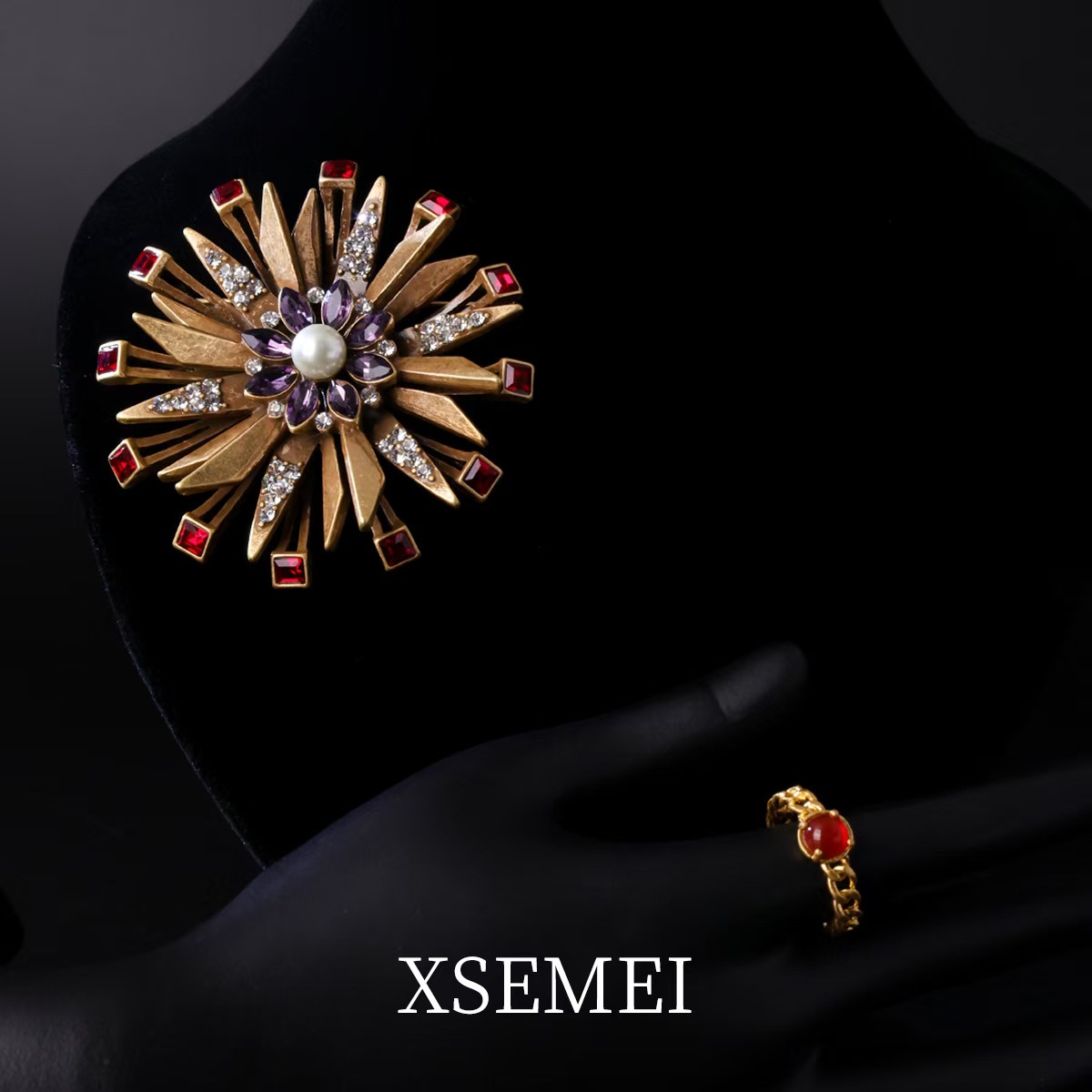 Retro multi-layer sunflower retro gold three-layer snowflake diamond brooch ring jewelry