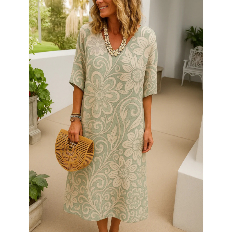 Cross-Border Independent Station Dress Women's Casual Floral 3D Printed Sleeve Long Dress Summer