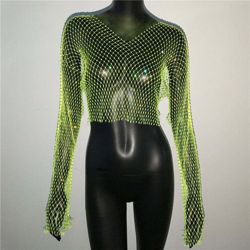 De Europa y América transfronteriza de las mujeres calientes de malla de diamantes de imitación red de pesca de manga larga Sexy Slim rhinestone Top party chica caliente de manga larga
