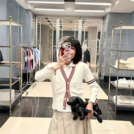 T&B外套南油高端女装学院风2026秋冬新款条纹撞色帆船针织V领开衫