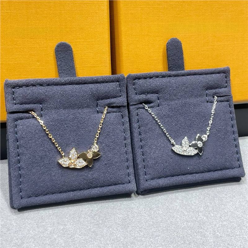 V Gold High-End Edition L Brand Full Diamond Rhombus Necklace Double Flower Four-Leaf Clover Classic Design Thick Plated 18K Rose Gold Cnc