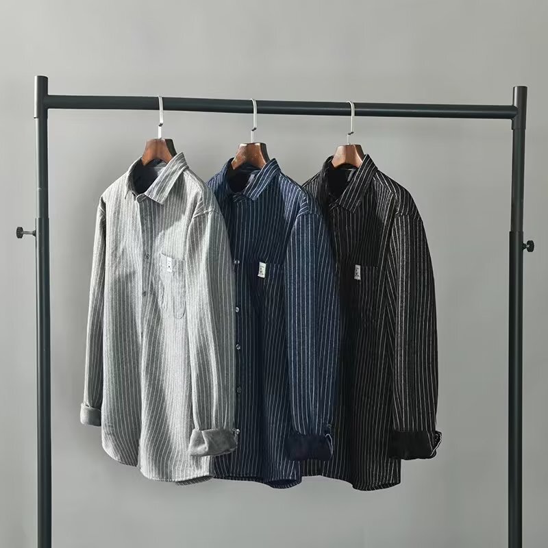 Shirt Men's Long Sleeve Spring and Autumn Hong Kong Style Trendy Brand Pluck Handsome Striped Top Clothes Men's Youth Plaid Shirt Jacket