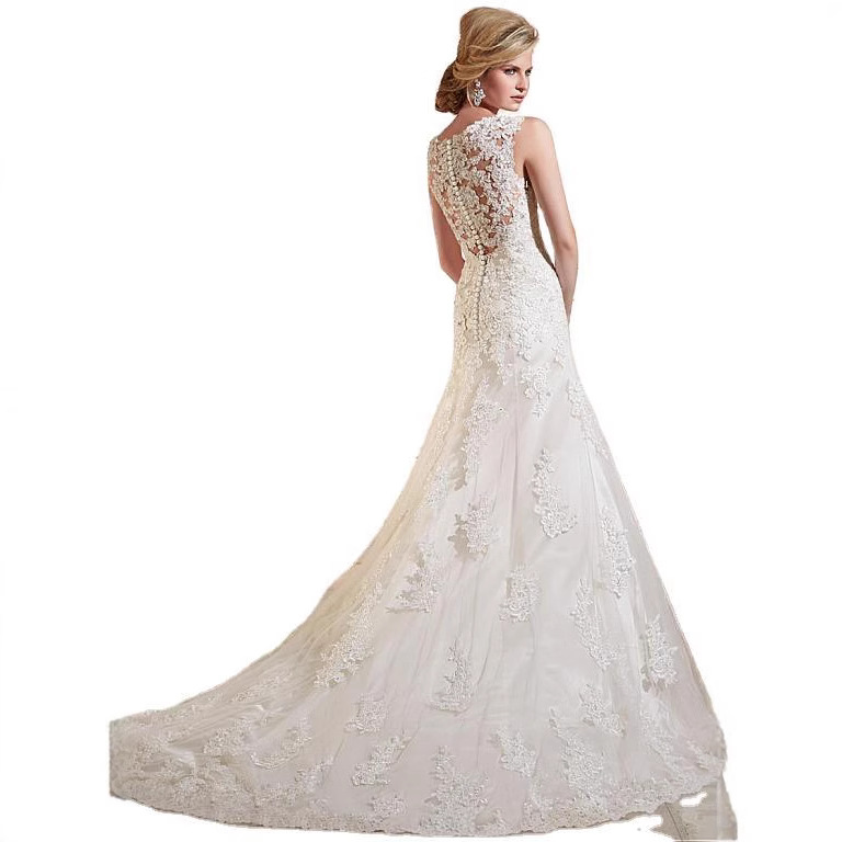 European and American Fashion Simple 2025 New Wedding Dress Double Shoulder Deep V Fishtail Wedding Dress Lace Backless Slimming Look