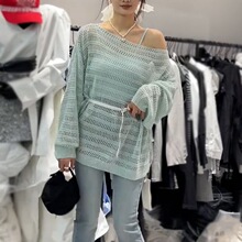 宽松慵懒风长袖镂空针织衫女春夏网洞防晒罩衫一字肩叠穿外搭上衣