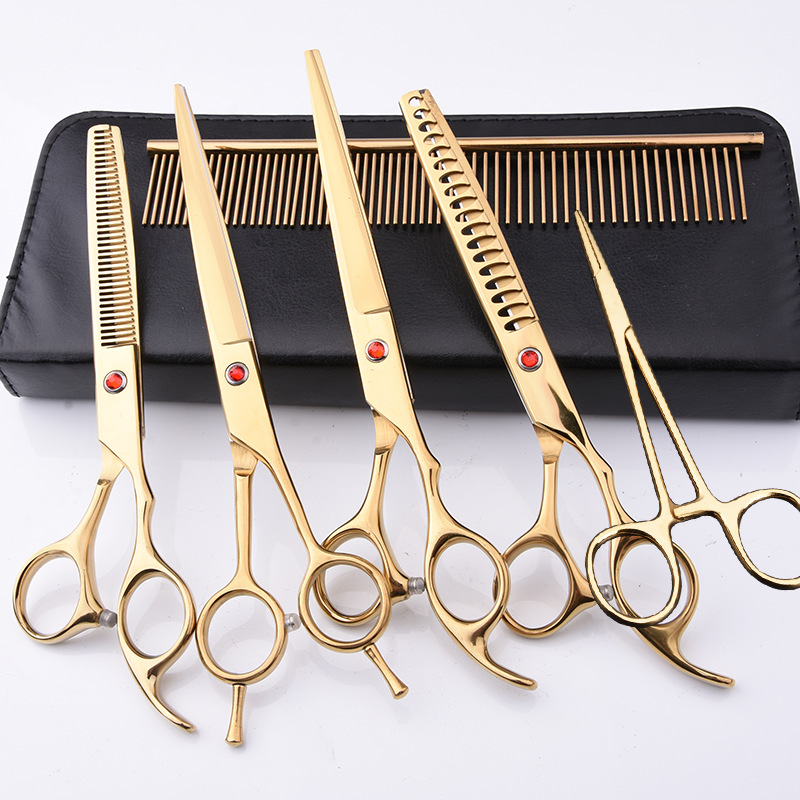 Directo de fábrica de acero inoxidable de 7 pulgadas para mascotas tijeras de belleza profesional de corte de pelo de perro tijeras curvas Teddy adelgazamiento tijeras traje