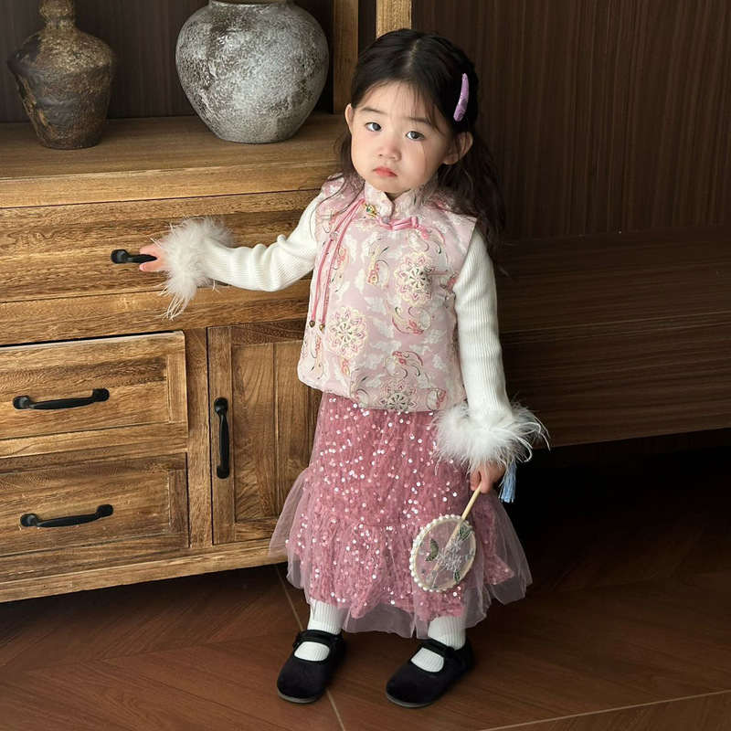 女童汉服套装唐装新中式儿童粉色坎肩马甲女宝宝亮片半身裙两件套|undefined