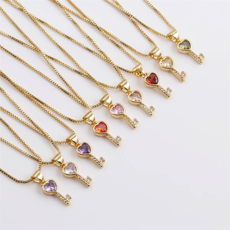 Fashion Multicolor Heart Key Inlaid Zircon Copper Necklace Wholesale Nihaojewelry