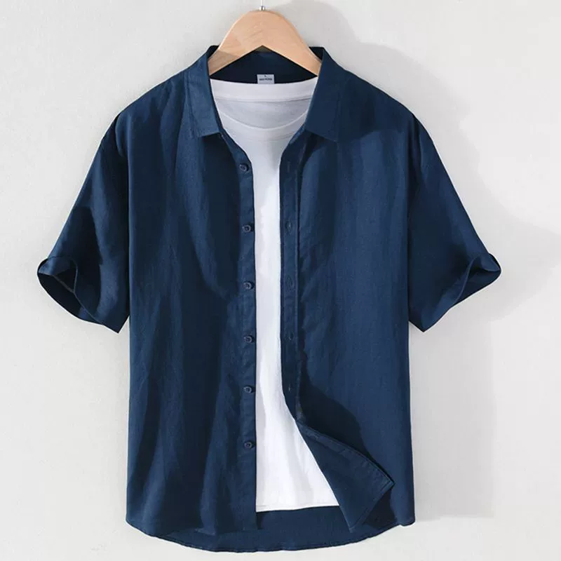 Мужская минималистская рубашка с короткими рукавами, сплошной цвет пуговицы, удобная и дышащая свежая деловая повседневная хлопчатобумажная рубашка