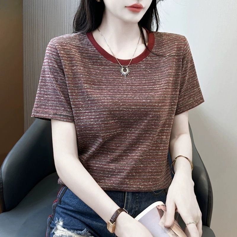 2025 новая летняя полосатая футболка с короткими рукавами, женская свободная футболка с круглым вырезом для похудения, универсальный элитный повседневный топ