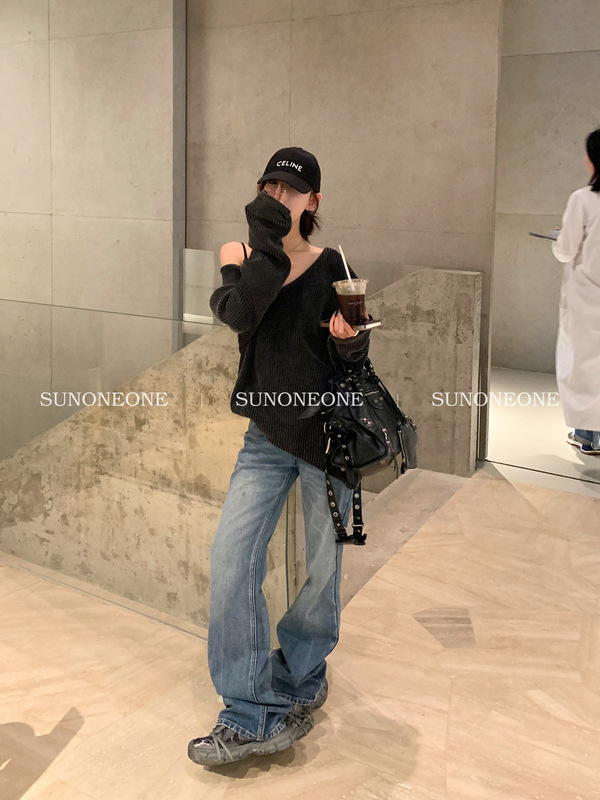 SUNONEONE 蓝色直筒裤牛仔裤女春秋新款宽松阔腿拖地长裤美式裤子|undefined