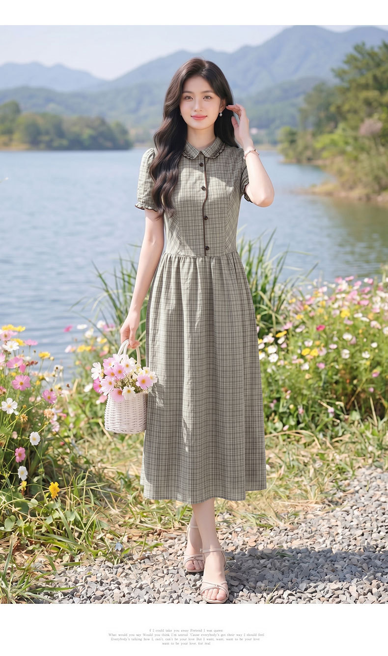 Đầm maxi nữ thắt eo họa tiết kẻ caro phong cách vintage — Màu ảnh chi tiết 10