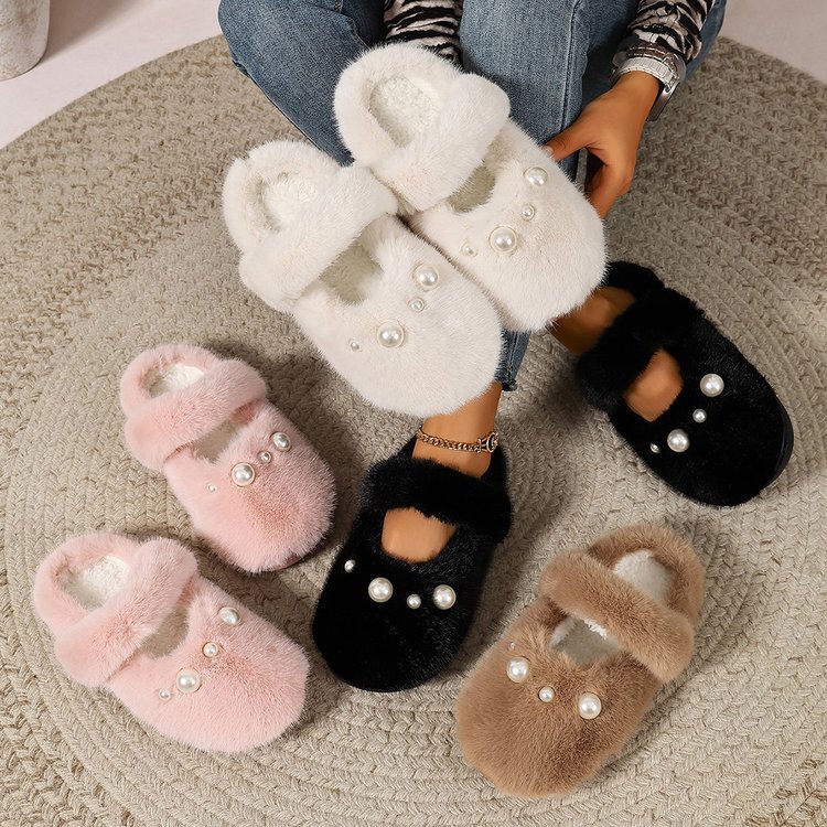 Pearl bow cotton slippers for women, warm plush slippers for home use, maternity plush slippers, cross-border warm maternity slippers