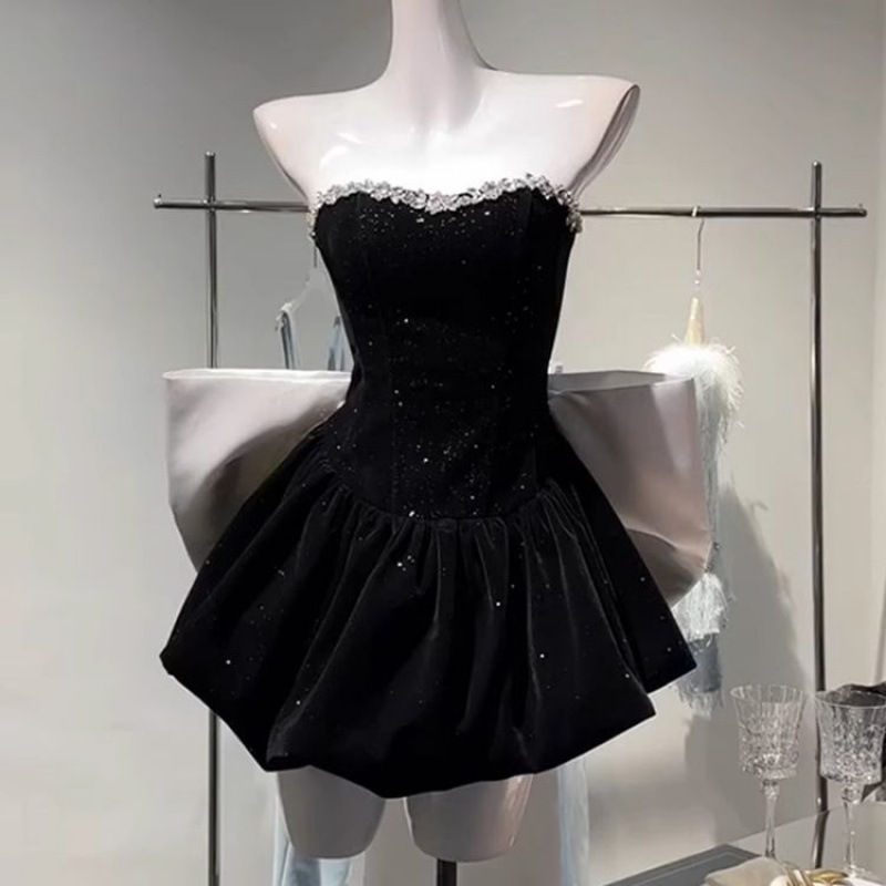 誕生日ドレス、ハイエンドのライトラグジュアリーニッチプリンセスチュチュスカート、リボンチューブトップベルベットドレス|undefined