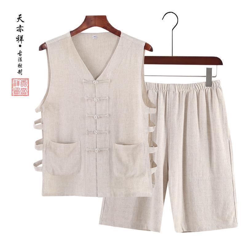 Summer Linen Elder's Buckle Sweatshirt Dad's Tang Suit Vest Chinese Style Youth Tt-shirt Hanfu Men's Set
