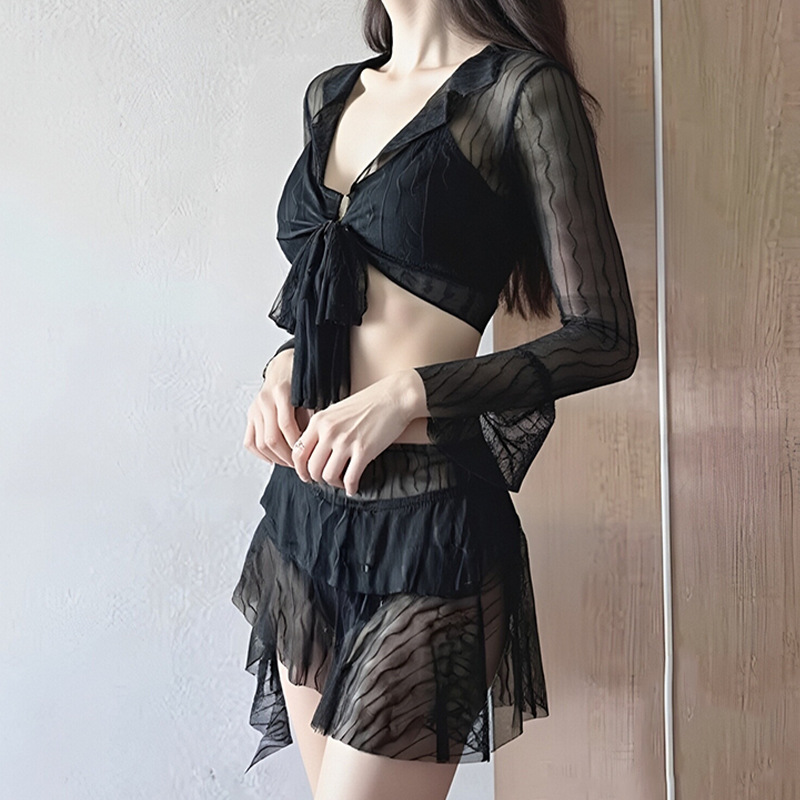 Traje de baño dividido en bikini, protector solar de manga larga de cuatro piezas para mujer, vestido de niña caliente puro, delgado traje de baño de aguas termales para mujer al por mayor