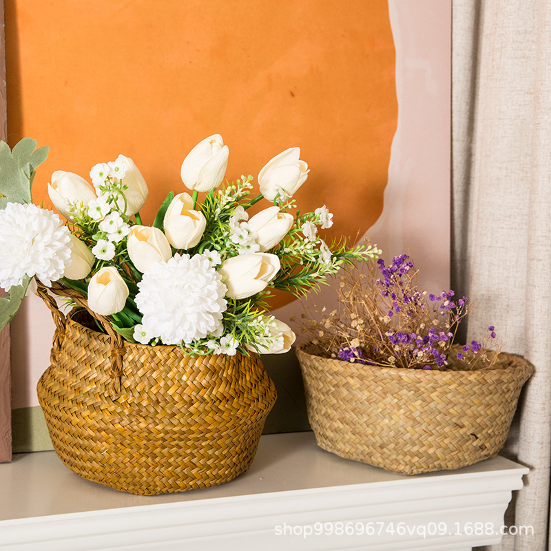 海草編み手提げかご 植物鉢 大容量折りたたみフラワーバスケット 手作り草編み家庭用品収納かご 卸売
