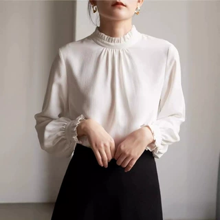 法式优雅2026早秋通勤木耳边叠穿长袖衬衫女白色内搭雪纺衫上衣
