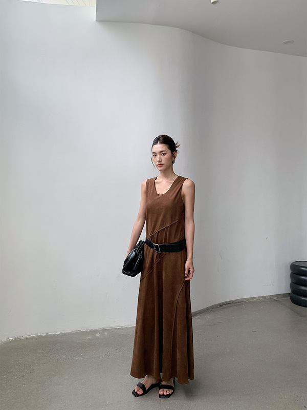 FONE简禾复古麂皮绒U领背心连衣裙女2025秋季高级感气质长裙58269|undefined