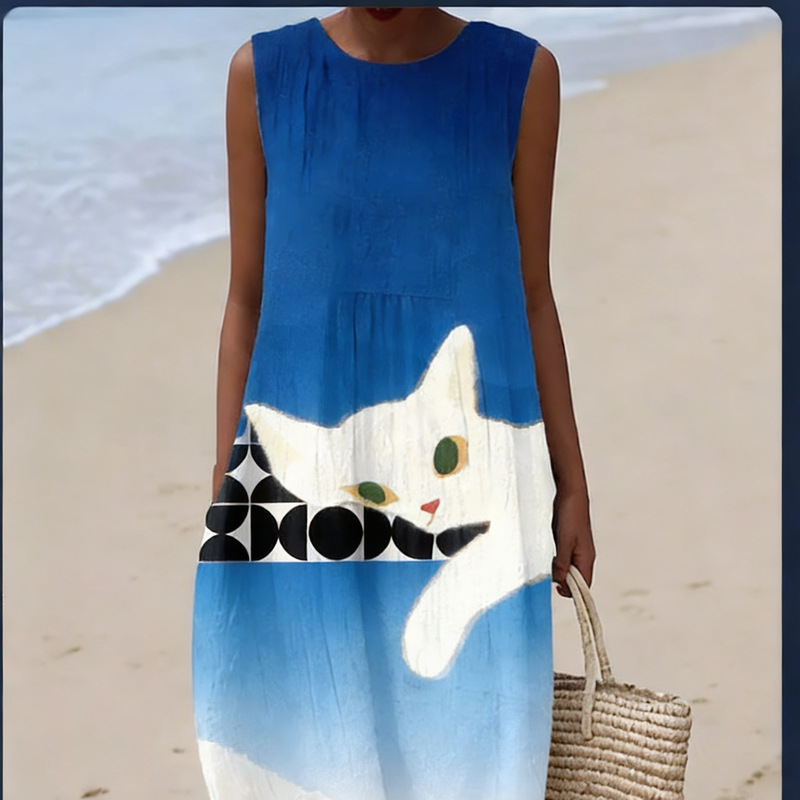 2026 European and American Cross-Border Sleeveless Printed Dress Beach Vacation Style Cat Pattern Long Dress Casual Women's Clothing 2026 European and American Cross-Border Sleeveless Printed Dress Beach Vacation Style Cat Pattern Long Dress Casual Women's Clothing