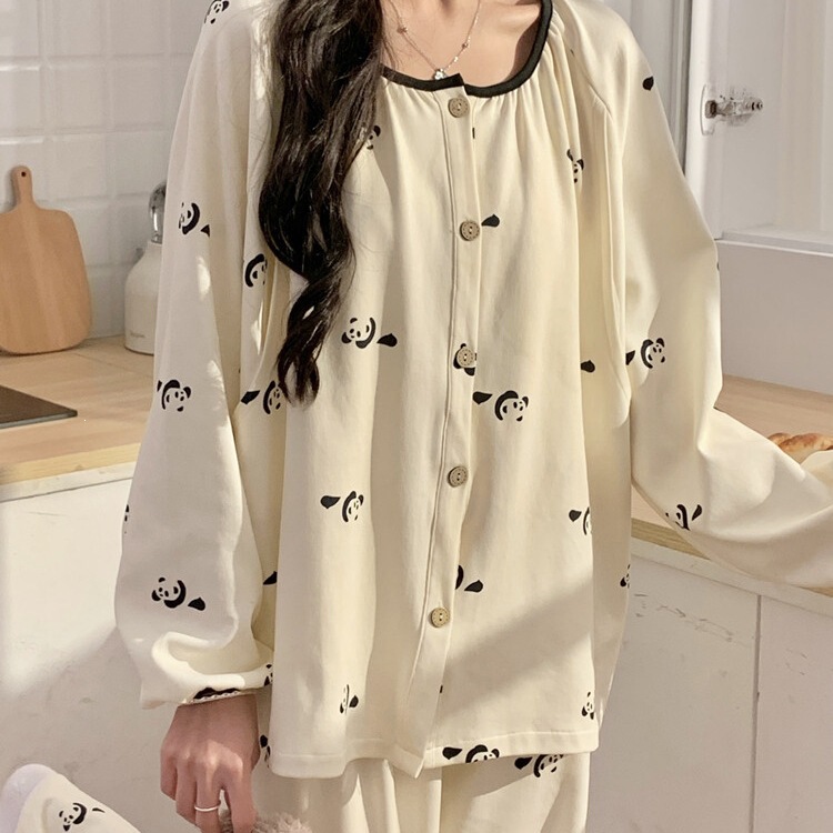 Maternity pajamas with breast pads for summer breastfeeding, spring and autumn, plus size, for postpartum discharge, round neck, sweet and suitable for postpartum nursing Maternity pajamas with breast pads for summer breastfeeding, spring and autumn, plus size, for postpartum discharge, round neck, sweet and suitable for postpartum nursing