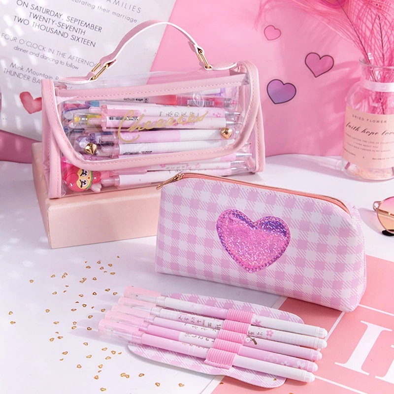 PVC Material Solid Color Pattern Casual Style Girl Ins Style Pencil Case Cute Refreshing Stationery Box Junior High School And Elementary School Students Girl Large Capacity Combination Bags Manufacturer