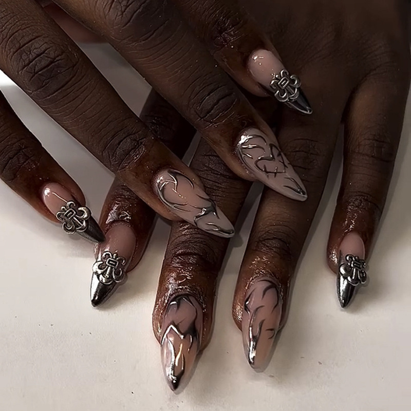 Silver Metal Flame Wearable Nails French Y2K Manicure Fake Nails Anchor Wearable Nails Almond Nails