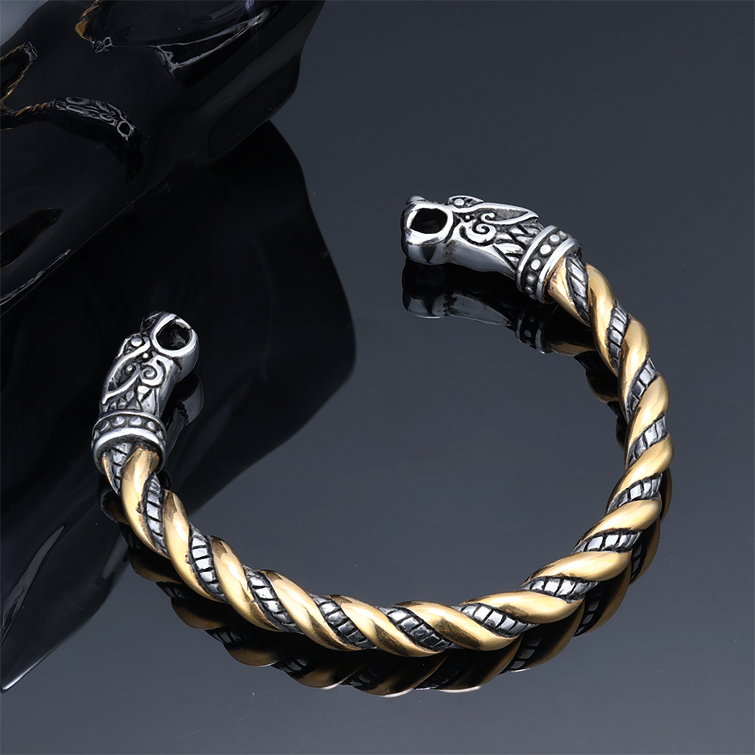 跨境外贸复古文艺维京系列维京狼头间金编织钛钢朋克饰品