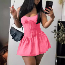 外貿熱款2025夏季新款時尚休閑做舊印花吊帶拼接蓬蓬連衣裙