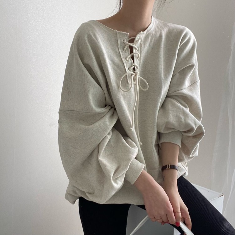 Korean Chic Early Spring New Vintage Lace-Up Pullover Lantern Sleeve Sweatshirt Loose Age-Reducing Top for Women Versatile Niche