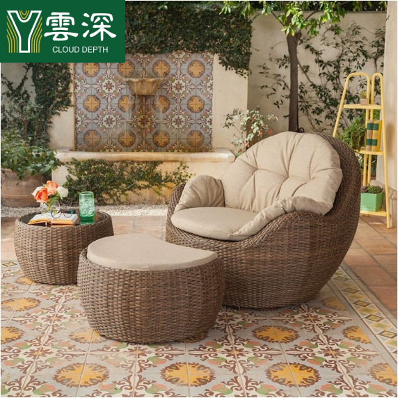 Balcony Table and Chair Set with Rattan Woven Lazy Lounge Chair, Outdoor Patio Furniture, Rattan Chair and Coffee Table Three-Piece Set for Outdoor Leisure