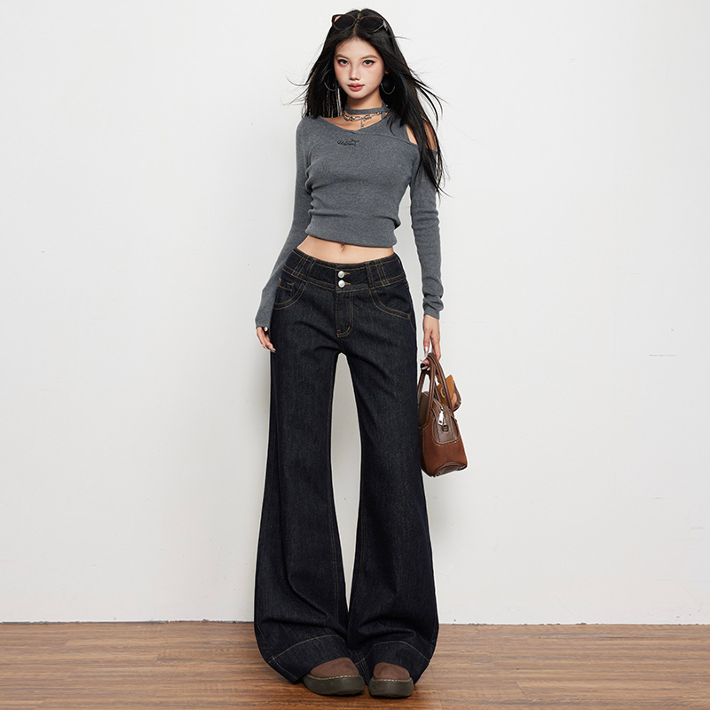 Low-Waist Denim Slim Fit Non-Stick Leg Bootcut Jeans American Retro Straight Pants Pants & Extended Denim Cotton