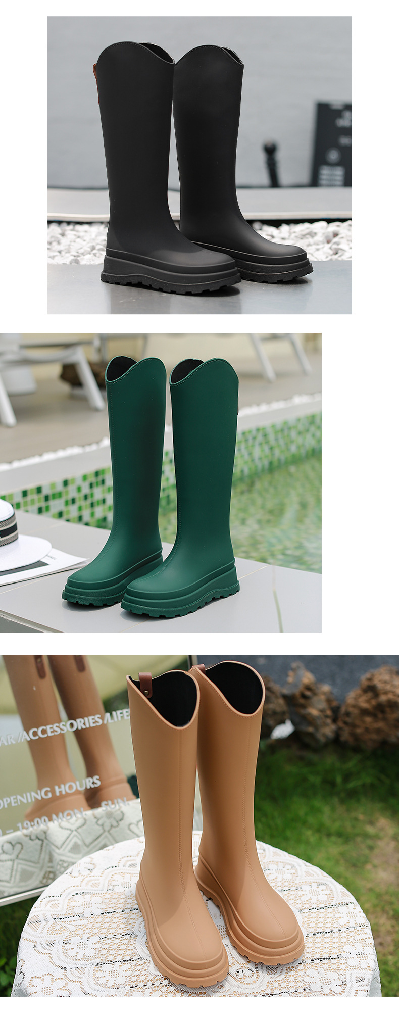 Damen Regenschuhe mit hohen Rohren tragen dünne, modische, vielseitige, rutschfeste, wasserdichte Regenstiefel, verschleißfeste, dickbesohlte, lange Gummirohrschuhe_voghion.com