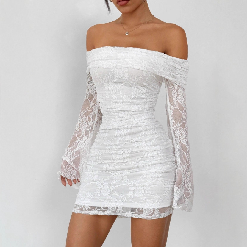 2025 New Sexy European and American One-Line Collar Hip-Covering Mini Skirt Women's Spring and Summer Sexy Waist-Cinching Sexy Evening Dress