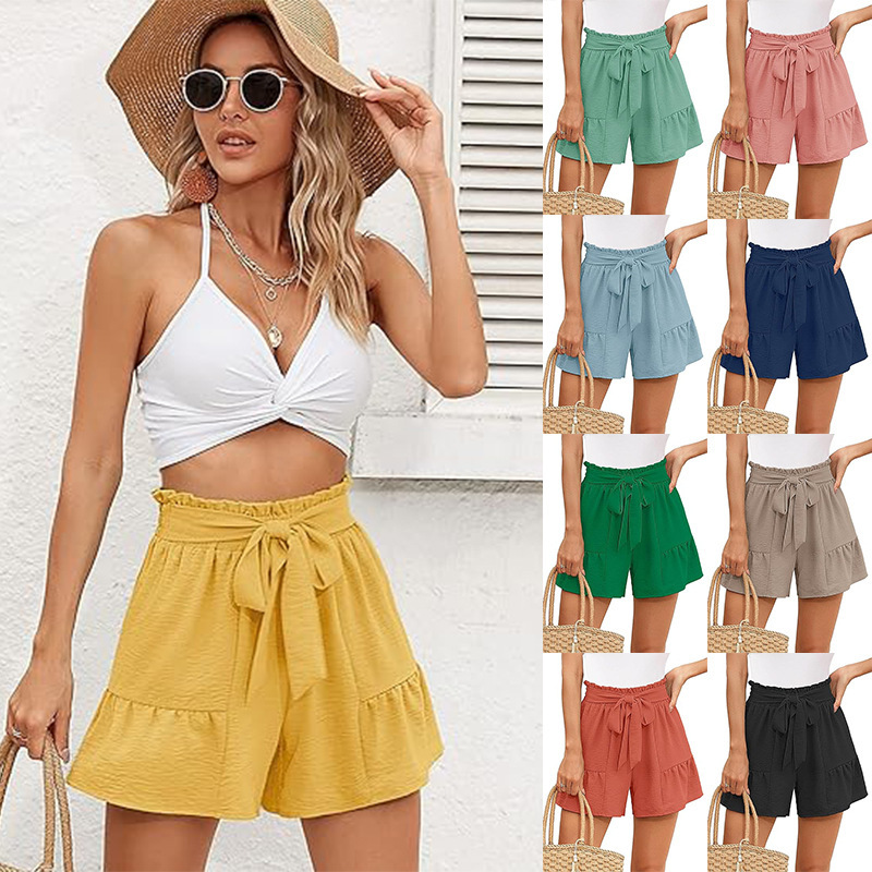 European and American Cross-border Amazon Cake Elegant High Waist Shorts Adjustable Lace-up Casual Loose Holiday Beach Pants for Women European and American Cross-border Amazon Cake Elegant High Waist Shorts Adjustable Lace-up Casual Loose Holiday Beach Pants for Women
