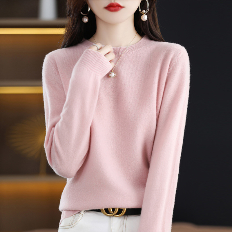 Otoño e Invierno 100% suéter de lana pura de las mujeres de cuello redondo Jersey corto de lana de manga larga suéter recto suéter a juego ropa exterior