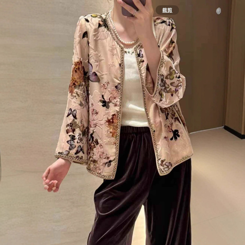 2025南油批发新款篙及感真丝丝绒烧花绣珠链外套上衣女不退不换|undefined