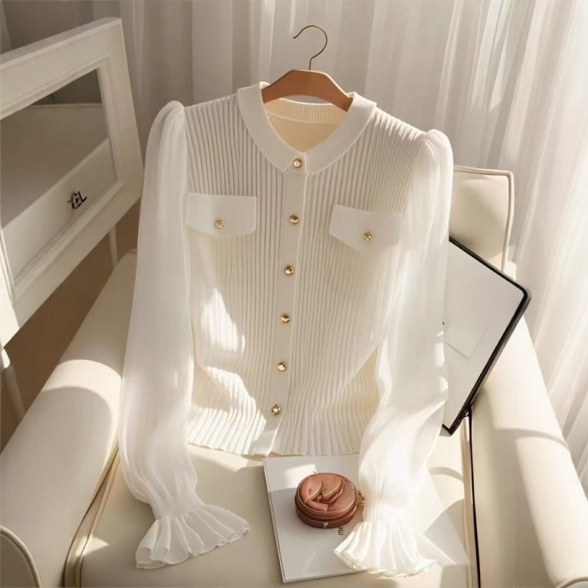 Áo len cardigan nữ dáng dài tay dài, kiểu Hàn Quốc, thiết kế đơn giản, màu trắng — trắng chi tiết 3