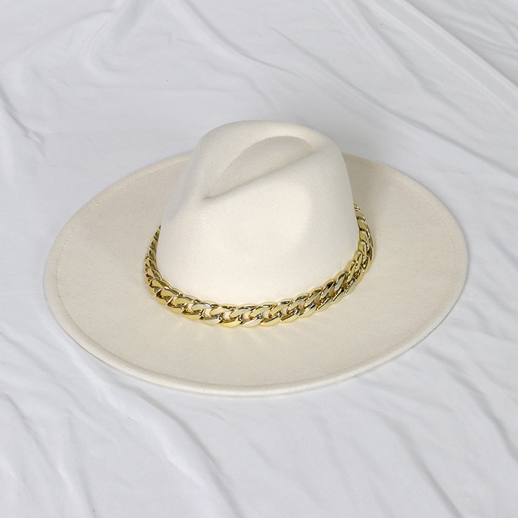 Sombrero de jazz con cadena dorada, sombrero francés vintage de ala ancha en forma de corazón para mujer, sombrero de fieltro oversize.