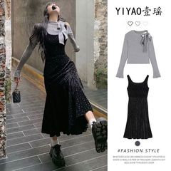 法式甜美碎花吊带裙套装女秋设计感蝴蝶结露肩上衣吊带连衣裙ins